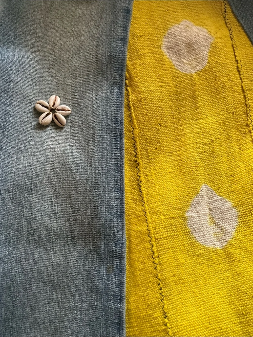 AUTHENTIC Maxi Denim Skirt w/ Yellow/White Mudcloth Inset & Cowrie Shells - Picture 6 of 7